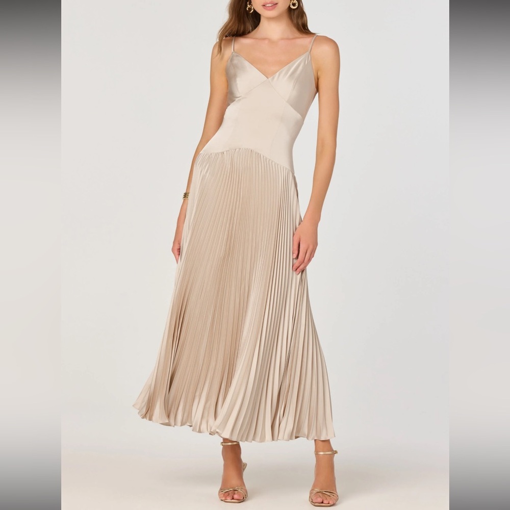 Satin Pleated Slip Midi Dress in Champagne